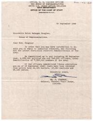 ["The document is a letter addressed to Honorable Helen Gahagan Douglas, providing statistics on the demobilization of the Army up to September 20, 1946. It states that a total of 7,723,000 members of the Army have been demobilized, including 6,978,000 enlisted men and 745,000 officers. Additionally, it mentions the number of doctors, dentists, and nurses who have been relieved from active duty. The document is signed by Colonel WM. F. PEARSON, acting as the Liaison Officer."]