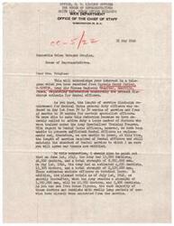 ["The document acknowledges Helen Gahagan Douglas's interest in the discharge criteria for dental officers in the Army. It explains that due to a shortage of dental officers, the length of service requirement cannot be lowered at this time. The document also provides information on the number of dentists and doctors in the Army and the history of the Army Specialized Training Program for dental officers. It concludes by stating that the criteria for separating Medical and Dental Corps officers are being considered for potential reduction."]