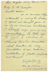 ["The document is urging Honorable  Helen Gahagan Douglas to vote against contempt citations for Hollywood motion picture people and to support the Sabbath Resolution to end the Thomas Committee. The document criticizes the Thomas Committee for creating hysteria and using unfair investigation techniques, and emphasizes the importance of upholding democratic procedures and civil liberties. The writer expresses concern for the credibility of the House of Representatives and urges Douglas to take a leading role in fighting against unjust investigations."]