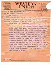 ["The document is about different symbols and codes used in Western Union telegrams, including DL for Day Letter and NL for Night Letter. It also mentions the filing time and receipt time for telegrams. The telegram itself is a message urging Helen Gahagan Douglas to speak out against the dismissal of Hollywood writers for their political beliefs."]