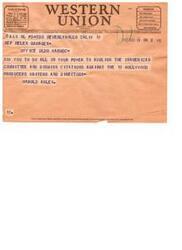 ["This text is a telegram from Helen Gahagan N Douglas urging Joseph L Egan to fight against the citation of 19 Hollywood personalities and to insist on the abolition of the Thomas Unamerican Committee. The telegram also includes information about the class of service, symbols, and filing time. The company is also asking for suggestions from its patrons regarding its service."]