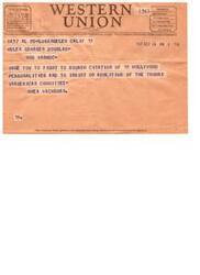 ["The document explains the different symbols used in Western Union telegrams, such as DL for Day Letter and NL for Night Letter. It also mentions the filing and receipt times for telegrams. The message congratulates Helen Gahagan Douglas on her vote against issuing contempt citations against Hollywood people. The document ends with a note asking for suggestions from patrons regarding the company's service."]