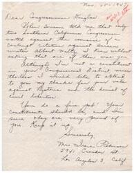["The document discusses the writer's anger and frustration with the actions of Congress in regards to the investigation of ten individuals for Contempt of Congress. The writer criticizes the manner in which the investigation was conducted, arguing that it violated the rights of the individuals involved. The writer also expresses concern about Congress prioritizing trivial matters over more pressing issues such as international relations and national security. The writer suggests implementing price controls and rationing, as well as a Universal Military Training program."]
