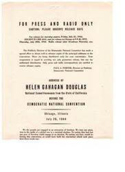 ["The document is a speech given by Helen Gahagan Douglas at the Democratic National Convention in 1944. She emphasizes the importance of choosing a capable and experienced leader as President, particularly during a time of war and post-war reconstruction. Douglas highlights the achievements of the Democratic Party in supporting the military, preventing inflation, and conserving the country's resources. She argues that the Democratic Party is the true conservative party, focused on conserving the hopes, skills, and resources of the American people."]