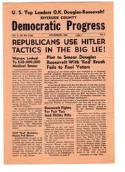 ["The Wall Street Journal has declared the Republican Party bankrupt and speeding toward oblivion. James Roosevelt, running for Governor of California, criticizes the Republican Party for lacking a program and placing blame on the Democratic Administration. The Democratic Party, with Roosevelt, Gahagan Douglas, and Pat Brown, have a working program for better government. The article criticizes Republican leaders Earl Warren and Richard Nixon and urges support for the Democratic Party."]