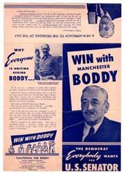 ["Manchester Boddy, a liberal and Democratic newspaper publisher, is running for United States Senator with a platform focused on world peace, job creation, economic growth, social welfare, and federal cooperation for big projects in California. He is known for his support of liberal and Democratic causes, his success in business, and his advocacy for veterans, farmers, women, and labor. Boddy has a record of supporting Democratic candidates, including Franklin D. Roosevelt, Harry S. Truman, and Henry A. Wallace. He is seen as a strong candidate for the Senate due to his proven leadership and intellectual honesty."]