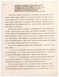 ["Representative Helen Gahagan Douglas supports H.R. 792, the Fair Employment Practice Bill, which aims to prohibit discrimination in employment based on race, religion, color, national origin, or ancestry. She argues that this bill is not only about protecting the basic right to seek a livelihood without discrimination, but also about promoting national defense, economic self-interest, and moral principles. Douglas emphasizes that fair employment practices are good for business and essential for America's productive capacity. She believes that fair treatment for minorities is crucial for the country's moral and spiritual leadership in the world and for maintaining trust with other nations. Discrimination hinders economic progress and undermines the promise of democracy. Douglas presents evidence of increasing discrimination in employment and the negative impact it has on minority groups. She argues that legislation is necessary to address this issue and ensure equal opportunities for all Americans."]
