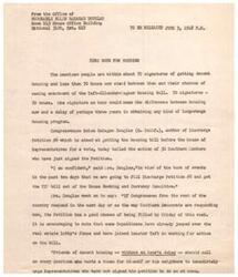 ["Congresswoman Helen Gahagan Douglas initiated Discharge Petition #6 to bring the TEW Housing Bill to a vote in the House of Representatives. Despite a close vote in the House Banking and Currency Committee, the bill will now face the Rules Committee controlled by Republicans. Douglas criticized the Republican leadership for potentially ignoring the housing needs of 12 million American families."]