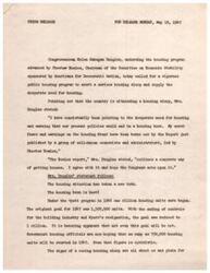 ["Congresswoman Helen Gahagan Douglas introduced a rent control bill on March 11, 1948, in response to the housing shortage and high prices faced by constituents. She emphasized the need for effective rent control until a housing shortage is resolved and proposed a bill extending rent control until June 30, 1950. The bill included provisions for tenant protections, enforcement of rent control, and eliminating unjust rent increases. Douglas stressed the importance of protecting family life in America and the role of rent control in preventing economic chaos."]