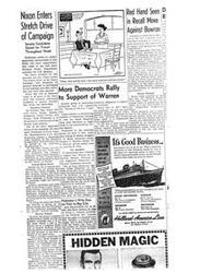 ["The document discusses a political campaign in California where the Republican Party is accused of using smear tactics and the 'Big Lie' strategy against Democratic candidate Helen Douglas. Douglas denies being a Communist and criticizes her opponent, Richard Nixon, for spreading false information. The editorial also criticizes the Republican Party's campaign methods and praises Douglas for her anti-Communist efforts. Additionally, The document mentions a helicopter incident where Douglas hitchhiked to reach her scheduled event in Modesto."]
