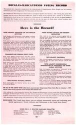 ["Congressman Richard Nixon is running for United States Senator and is campaigning based on his record of performance. He highlights the differences between himself and his opponent, Mrs. Douglas, on issues such as national defense, internal security, taxes, veterans, labor and management, small business, equal rights for women, and tidelands. Nixon is portrayed as a champion of free enterprise and constitutional government, while Douglas is characterized as an extreme left-winger who wants more federal controls and has consistently fought against exposing and controlling communists in the country."]