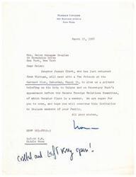 ["The document is an invitation from Boston University to Mr. and Mrs. Melvin Douglas to attend a cocktail reception and dinner at the Waldorf-Astoria in New York City. The event is for the Library's distinguished collected and friends in the New York area, and will be attended by well-known personalities. The reception is at 7 P.M. and the dinner at 8 P.M., both at the Waldorf-Astoria. The invitation is signed by Howard B. Gottlieb, Chief of Special Collections at Boston University Libraries."]