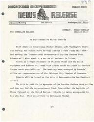 ["Congressman Mickey Edwards from the Fifth District of Oklahoma is traveling to Taiwan to speak at a rally for Captive Nations Week and attend seminars. He will also meet with Taiwan trade officials to discuss trade possibilities for Oklahoma wheat and oil field equipment. The trip is paid for by sponsors and does not involve government funds. Edwards is accompanied by his wife and will return to Washington on Monday."]