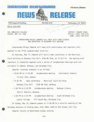 ["Congressman Mickey Edwards will be meeting with constituents and reporters in Oklahoma over the weekend. He will be holding a news conference in Bethany City Hall on Saturday and attending neighborhood meetings in Edmond, Bethany, and Oklahoma City. On Sunday, he will be speaking at a district meeting of the Oklahoma Veterans of Foreign Wars in Del City before returning to Washington."]