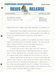 ["Congressman Mickey Edwards held a news conference in his Oklahoma City office where he discussed the federal budget, the American hostage issue in Iran, and Billy Carter's activities. He emphasized the need for budget cuts, urged for a direct appeal to Iran for the hostages, and stated that the President's competence should be judged based on more important issues such as unemployment rates. Edwards is spending the congressional recess meeting with constituents and speaking at various events in his district."]