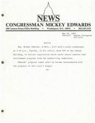 ["Representative Mickey Edwards, R-Okla., will hold a press conference to discuss legislation to remove control over entitlement programs from authorizing committees. This proposal comes after Edwards became disenchanted with the progress of this year's budget."]
