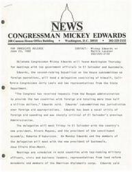 ["Congressman Mickey Edwards is leading a delegation to El Salvador and Guatemala to meet with government officials and assess the need for foreign aid. Edwards has been critical of foreign aid spending and is concerned about the political and economic situation in both countries. He believes the US needs to be more selective in providing assistance and make decisions based on long-term interests and containment of Soviet influence. The delegation will also discuss President Reagan's Caribbean Basin Initiative. Edwards has a history of advocating for cuts in foreign aid spending."]