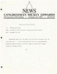 ["Congressman Mickey Edwards will be absent from the House on September 30 and October 1 to be with his mother in Burbank, California, who will undergo surgery on Thursday morning."]