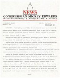["Oklahoma Congressman Mickey Edwards will participate in a Presidential mission to South America during the Easter Congressional recess to discuss the international financial situation. Edwards, who is critical of the Administration's proposal to increase the U.S. financial contribution to the International Monetary Fund, is concerned about the potential financial disaster if Latin American countries fail to meet their debt obligations. He is also worried about the impact on U.S. farmers who rely on overseas grain sales. Edwards has not yet decided how he will vote on the IMF increase but wants to ensure that any contributions benefit the U.S. and that austerity measures are taken in borrowing nations."]