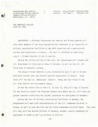 ["Oklahoma Congressmen Wes Watkins and Mickey Edwards, along with other members of the House Appropriations Committee, will be inspecting military construction facilities in two NATO countries and meeting with nuclear arms negotiators in Geneva from July 5-12. They will visit U.S. Army and Air Force bases in Germany, as well as meeting with U.S. Ambassador Edward L. Rowny and Paul Nitze. They will also stop in England to inspect the Greenham Commons base where ground launched cruise missiles will be deployed. They will meet with various military and government officials during the tour."]