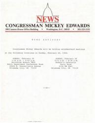 ["Congressman Mickey Edwards will be holding neighborhood meetings on Sunday, February 26, 1984 at the Northside Branch YMCA and Dodson's Cafeteria in Oklahoma City, OK."]