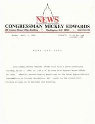 ["Congressman Mickey Edwards will hold a press conference on April 3, 1984, to report on his recent fact-finding mission to El Salvador and Honduras. The press conference will take place at 1:00 p.m. in room 2434 Rayburn House Office Building. Several media representatives and camera crews will be present at the event."]