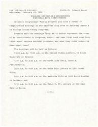 ["Oklahoma Congressman Mickey Edwards will hold a series of neighborhood meetings in the Oklahoma City area on March 8 to discuss issues facing Congress. The meetings are intended to help him better represent the views of his constituents in Congress. The meetings will be held at various locations throughout the day."]