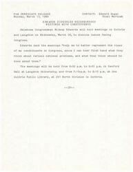["Congressman Mickey Edwards will be holding neighborhood meetings in Guthrie and Langston on March 26 to discuss issues facing Congress. He believes these meetings will help him better represent his constituents by hearing their views on national problems and potential solutions. The meetings will be held at Langston University and the Guthrie Public Library in the evening."]