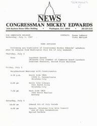 ["Congressman Mickey Edwards will be returning to Oklahoma City for the 4th of July weekend and has a schedule of events including a luncheon speech, neighborhood meetings with constituents, participating in the Edmond 4th of July Parade, and giving a speech at the Oklahoma City Arts Council 4th of July Celebration."]