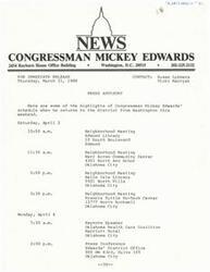 ["Congressman Mickey Edwards will be holding multiple neighborhood meetings in Oklahoma City and Edmond on Saturday, April 2. He will also be a keynote speaker at the Oklahoma Health Care Coalition on Monday, April 4. Additionally, there will be a press conference at Edwards' District Office on the same day."]