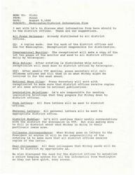 ["The memo outlines the distribution of various types of information from Washington to district offices, including press releases, Congressional Monitor, Whip Notices, VTF updates, national news clips, legislative briefings, form letters, personal letters, district buddies conversations, colleague correspondence, and dear colleagues letters. It also emphasizes the need for district offices to establish a record keeping system for easy access to the information."]