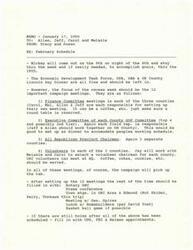 ["The memo outlines the schedule for February, with important campaign meetings and events scheduled for the recess week. Specific responsibilities are assigned for setting up meetings with various committees and volunteers in different counties. Other events and appointments are also included in the schedule, with the campaign covering the expenses for all meetings."]