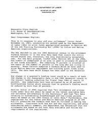 ["The United States Department of Labor, Employment and Training Administration responds to a letter from Congressman Glenn English regarding funding for the Caddo Indian Tribe's Job Training Partnership Act grant. The Department explains the formula used for funding tribes in Oklahoma and states that they have not received any comments from the Caddo Indian Tribe regarding their funding level. They plan to update the funding based on 1990 Census data for Program Year 1994. Congressman English is invited to contact Mr. Paul A. Maynard for further questions."]