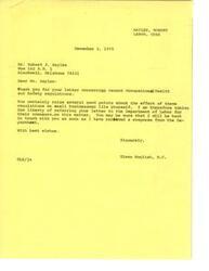 ["The document  is a series of correspondence between Congressman Glenn English, Mr. Robert H. Bayles, and the United States Department of Labor regarding OSHA regulations and the effect on small businesses. OSHA is working to address misinformation and provide consultation programs to help small employers comply with regulations. Congressman English is seeking information and assistance on behalf of Mr. Bayles, who is concerned about complying with OSHA regulations."]