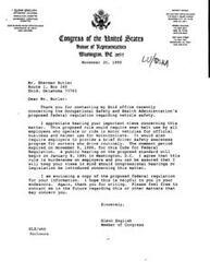 ["The document  includes contact information for Glenn English's district offices in Oklahoma and Washington DC. It also includes a letter from Glenn English to a dentist, discussing concerns about government regulations in response to a Florida dentist infecting patients with AIDS. The document  also mentions OSHA fines imposed on a dentist for labeling a bottle incorrectly and the ADA's challenge of the fines. Additionally, there is information about Premier Dental products and the ADA's response to OSHA regulations."]