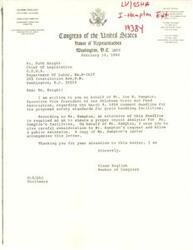 ["Glenn English, a member of Congress, received a letter from Joe N. Hampton, the Executive Vice President of the Oklahoma Grain and Feed Association, requesting an extension of the comment deadline for proposed safety standards for grain handling facilities. English agreed with the request and contacted OSHA officials to urge them to extend the deadline. Hampton's letter was dated February 6, 1984, and English responded on February 14, 1984, thanking Hampton for his letter and expressing support for the deadline extension."]