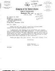 ["Glenn English, a member of Congress from Oklahoma, is writing to Ruth Knight, Chief of Legislation at O.S.H.A., on behalf of Oklahoma grain dealers who have objections to O.S.H.A. proposals affecting grain handling facilities. He is enclosing letters from the dealers expressing their concerns and urges Knight to consider them as the proposals are evaluated."]