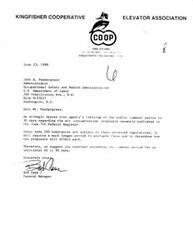 ["The Kingfisher Cooperative Elevator Association is opposing the Occupational Safety and Health Administration's limiting of the public comment period to 30 days regarding air contamination proposals. They believe that more time is needed to evaluate the proposed regulations and suggest extending the comment period by 60 to 90 days. The document is signed by Bob Case, the General Manager."]