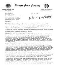 ["The document is from the Farmers Cooperative Association in Alva, Oklahoma, addressed to the Honorable  Glenn English, protesting OSHA's proposal to establish a 4 milligram per cubic meter permissible exposure level for grain dust. They believe this proposal is unreasonable and costly and are seeking support from Mr. English on this urgent matter."]