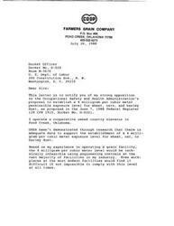 ["The document  consists of letters written by the Oklahoma Grain and Feed Association and Representative Glenn English regarding their opposition to a proposal by the Occupational Safety and Health Administration to create a new exposure level for wheat, oat, and barley dust. Both parties express concerns about the impact of the proposed rule on the grain industry and request more time to analyze the data supporting the regulation before it is implemented."]