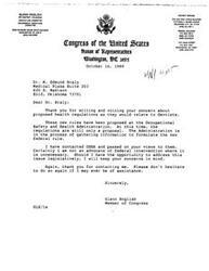 ["The document  includes correspondence between Glenn English, a member of Congress, and various individuals regarding proposed health regulations related to dentists by the Occupational Safety and Health Administration (OSHA). Dentists are concerned about the unnecessary and burdensome requirements proposed by OSHA, and they believe that current infection control guidelines are effective in preventing transmissions of infectious diseases. English assures that he will consider their concerns and take them into account if he has the opportunity to address the issue legislatively. Additionally, English expresses willingness to review any information provided by the American Dental Association and offers assistance to those who have reached out to him."]