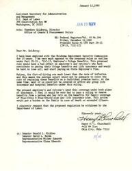 ["The document discusses concerns regarding a proposed change to the retirement and insurance benefits for employees of the Oklahoma Employment Security Commission. The writer feels that the proposed changes would breach their hiring agreement and negatively impact both current and retired employees. They express opposition to the proposed changes and request support in addressing the issue."]