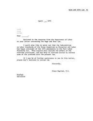 ["A letter from Assistant Librarian Joyce Allison expressing concerns about the new Wage and Hour Law is forwarded to Congressman Glenn English. The Department of Labor responds, explaining the overtime requirements of the Fair Labor Standards Act and providing information on exemptions and payment regulations. Allison is advised to contact the Wage and Hour Division for further assistance."]
