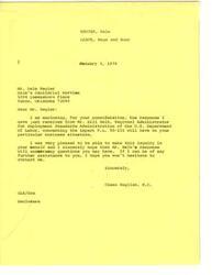 ["State Senator Ed Berrong received responses from Congressman Glenn English regarding inquiries about grants and bureaucratic systems. Congressman English expressed frustration with the lack of justification in the responses received. He assured Senator Berrong that he will continue to support efforts to fight against bureaucratic obstacles. The two also discussed the reduction of the federal budget and invited each other for lunch when in Weatherford."]