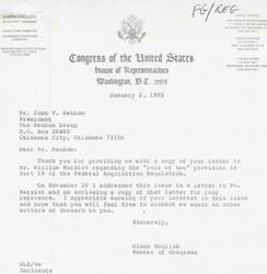 ["Glenn English, a member of Congress from Oklahoma, disagrees with OMB Director David Stockman's comments on farm aid, believing that agriculture is being unfairly targeted for budget cuts. He values input from constituents like Jack Freeman and encourages continued communication on important issues. Some constituents are upset with Stockman, while others agree with him."]