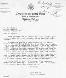 ["The document  includes a letter from Mr. Eddie K. McElroy, Executive Director of the Central Oklahoma Referral Center for Alcohol and Drug Services, to Representative Glenn English about concerns over federal funding for non-hospital alcoholism and drug treatment programs. Mr. McElroy expresses support for continued funding and highlights the cost-effectiveness of non-hospital programs compared to hospital-based care. He urges Representative  English to support the inclusion of these programs under Medicare and Medicaid. Representative  English responds, thanking Mr. McElroy for his letter and assuring him of his support for the program as Congress addresses legislation affecting the federal budget."]