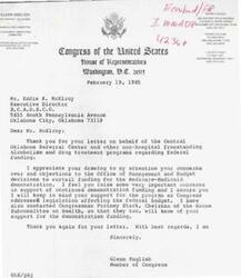 ["Glenn English, a member of Congress, wrote a letter to Chairman Fortney H. Stark regarding federal funding for non-hospital alcohol and drug treatment facilities. He expressed support for continued funding based on points made by the Executive Director of the Referral Center for Alcohol and Drug Services of Central Oklahoma. English urged careful consideration of the support as budget targets are addressed in the Subcommittee."]