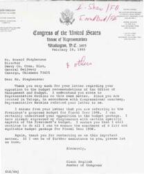 ["The document is from Glenn English, a member of Congress, responding to a letter from Mr. Bill South regarding opposition to the budget recommendations of the Office of Management and Budget for Fiscal Year 1986. English expresses understanding and assures South that he will work towards enacting a fair and equitable budget package. He also thanks South for contacting him and offers further assistance if needed."]