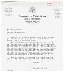 ["Glenn English, a member of Congress, received a response from Frederick S. Upton at the Office of Management and Budget regarding a proposed Standard Tender of Freight Service. The proposal was disapproved due to lack of practical utility and the need for further coordination with affected industries. English forwarded this response to Frank Barnett, Vice President of Explosives Transports Inc., for his consideration."]