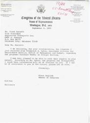 ["Glenn English, a member of Congress, is writing to Fred Upton from the Office of Management & Budget regarding a proposed Standard Tender of Freight Service. He is enclosing correspondence from Frank Barnett, Vice President of Explosives Transports Inc., who opposes the implementation of the proposed service. English urges Upton to carefully consider Barnett's arguments and opposition."]